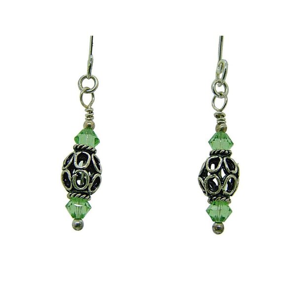 Fat Dog Silver Beads & Swarovski Peridot Green Crystals Drop Dangle Earrings - Picture 2 of 7